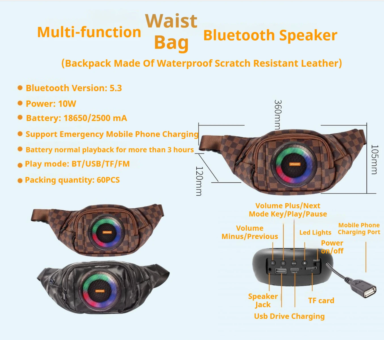 Bluetooth Speaker Rechargeable Waterproof Speaker Bag with Led Light